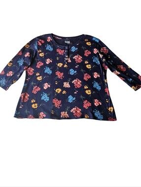 🦋Navy Floral Stretchy Top 100% Cotton with Pink, Blue & Yellow Flowers🌺
